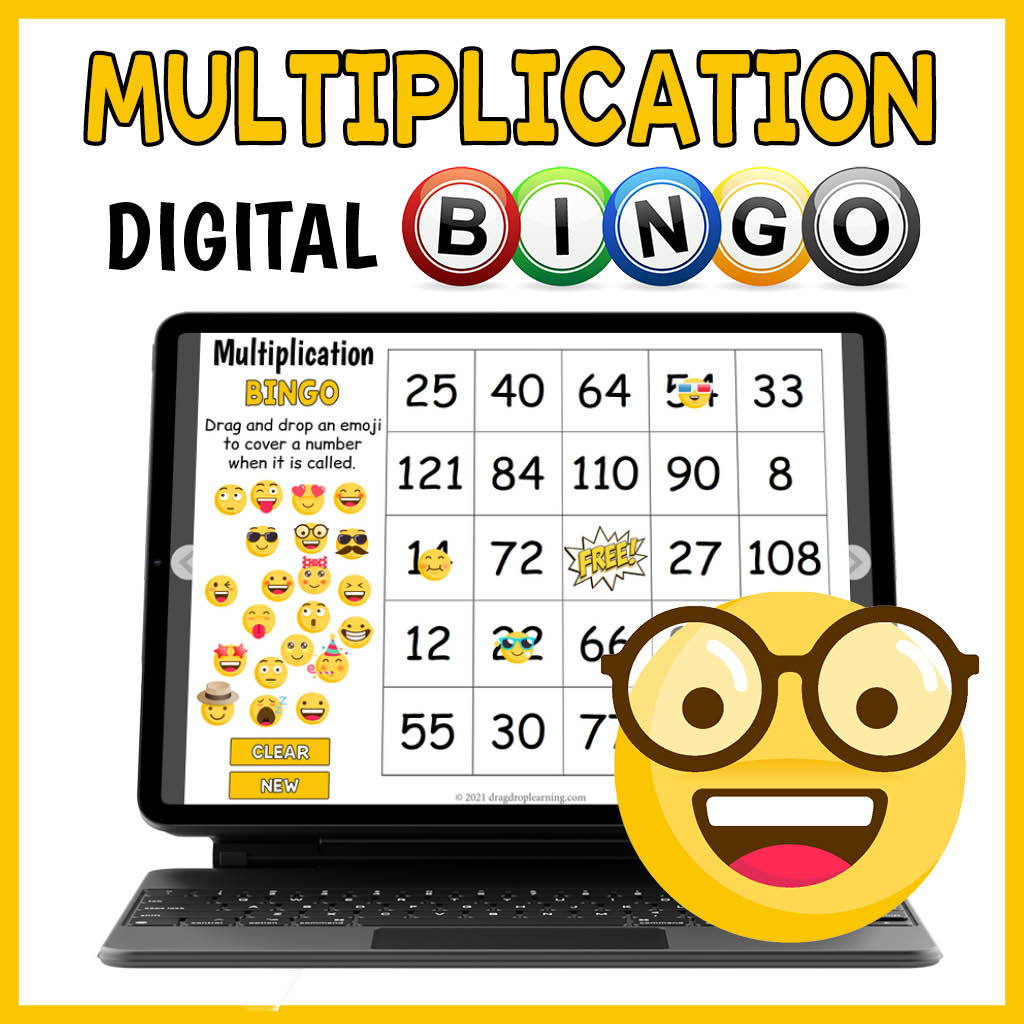 DIGITAL Multiplication to 12 Math BINGO Game With Emoji Themed Markers